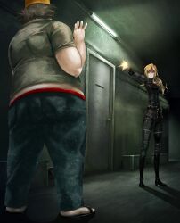 1boy 1girl aiming apartment at_gunpoint belt beret black_belt black_boots blonde_hair blue_pants bodysuit boots dim_lighting fat fat_man firing from_behind from_below frown full_body game_cg gloves green_shirt gun hair_between_eyes hands_up hashida_itaru hat highres holding holding_gun holding_weapon huke imminent_death indoors jitome kiryuu_moeka latex latex_bodysuit latex_gloves leather leather_belt leather_boots long_hair midriff no_eyewear non-web_source official_art outstretched_arms pants pink_eyes pocket red_belt ringed_eyes sandals serious shaded_face shirt short_sleeves skin_tight socks square_pupils steins;gate steins;gate:_linear_bounded_phenogram t-shirt weapon white_socks yellow_hat