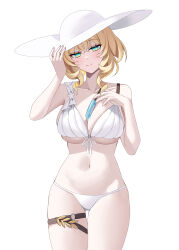1girl absurdres aglaea_(honkai:_star_rail) alternate_costume aqua_eyes bikini blonde_hair breasts food hat highres honkai:_star_rail honkai_(series) large_breasts popsicle raki_kr solo sun_hat swimsuit white_background white_bikini white_hat
