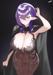 1girl absurdres arm_up armpits black_background black_cape black_dress blue_eyes cape chronopattern_dress dress highres kurozawa_yui limnos looking_at_viewer medium_hair meme_attire pointy_ears purple_hair smile solo thighs tt013_(thirteennn013) virtual_youtuber