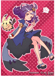 1girl acerola_(pokemon) artist_name black_sandals blush border closed_mouth commentary_request copyright_name creatures_(company) dress english_text eyelashes full_body game_freak gen_1_pokemon gen_7_pokemon gengar gold_armlet hair_ornament highres holding holding_poke_ball medium_hair mimikyu nintendo outline poke_ball poke_ball_(basic) pokemon pokemon_(creature) pokemon_sm purple_eyes purple_hair sandals short_sleeves spoken_character typo user_tyrs2478 white_border white_outline