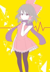 1girl adapted_costume black_pantyhose bow brown_hair dress female_focus floating_hair frilled_bow frilled_dress frills hair_between_eyes hair_bow hair_tubes hakurei_reimu pantyhose purple_scarf red_bow red_dress red_eyes scarf shiohachi short_dress sleeveless sleeveless_dress solo standing touhou yellow_background