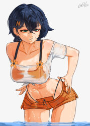 1girl artist_name belle_(delicate_sunlight)_(zenless_zone_zero) belle_(zenless_zone_zero) bikini bikini_under_shorts blue_hair breasts collarbone commentary gelldraws green_eyes highres large_breasts midriff navel official_alternate_costume orange_bikini orange_shorts partially_submerged see-through_clothes see-through_shirt shirt short_hair shorts simple_background solo swimsuit thighs tied_shirt wet wet_clothes wet_shirt white_background white_shirt zenless_zone_zero