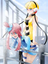 Rule 34 | 2girls, bare shoulders, blonde hair, blue eyes, breasts, crop top, elesa (pokemon), gloves, grabbing another&#039;s ass, greatmothsucks, groping, headphones, highres, large breasts, long hair, long sleeves, medium hair, multiple girls, nintendo, pants, pokemon, pokemon bw, red hair, short, skyla (pokemon), sleeveless, thigh strap, yuri