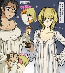 Rule 34 | &gt; &lt;, 2girls, anger vein, arm behind head, badeni, between breasts, black eyes, blonde hair, blue eyes, blush, breasts, brown hair, candle, chi.: chikyuu no undou ni tsuite, chibi, chibi inset, cleavage, eyepatch, face between breasts, frown, genderswap, genderswap (mtf), grey background, hair bun, hand on own hip, head between breasts, highres, holding, holding candle, large breasts, long hair, long sleeves, medium breasts, medium hair, multiple girls, natsupochipon, nightgown, oczy, parted lips, sweatdrop, underlighting, upper body, white nightgown