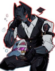 1boy android armor avengers_(series) dotori_012 formal_clothes glowing glowing_eyes humanoid_robot jeff_(marvel) male_focus marvel open_mouth red_eyes robot simple_background suit ultron