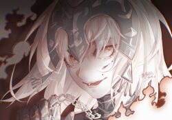 Rule 34 | 1girl, artist request, blood, blood on face, chinese commentary, commentary request, commission, fate/grand order, fate (series), fire, hair between eyes, headpiece, highres, jeanne d&#039;arc alter (fate), looking at viewer, open mouth, portrait, second-party source, short hair, smile, solo, white hair, yellow eyes
