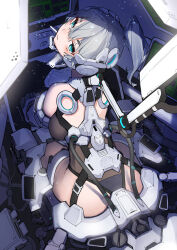 1girl absurdres aqua_eyes ass back bare_shoulders blue_eyes breasts cable cockpit from_above from_behind grey_hair hair_between_eyes head_tilt headgear highres leotard looking_at_viewer looking_back looking_up mecha_musume medium_breasts original parted_lips ponytail ringobatake sitting solo