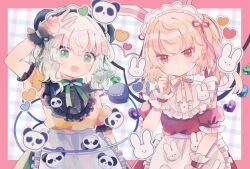 2girls :d animal_ears apron arm_up blonde_hair choker commentary detached_sleeves fake_animal_ears flandre_scarlet gingham gingham_background green_eyes green_hair green_ribbon green_skirt heart hiyuu_(hiyualice) komeiji_koishi looking_at_viewer maid_headdress medium_hair multiple_girls open_mouth panda panda_ears rabbit rabbit_ears red_eyes red_ribbon red_shirt red_skirt red_sleeves ribbon ribbon_choker shirt skirt sleeveless sleeveless_shirt smile symbol-only_commentary touhou upper_body v waist_apron white_apron wings wrist_cuffs yellow_ribbon yellow_shirt