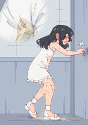 Rule 34 | 1girl, absurdres, between legs, black hair, blush, commentary request, dress, embarrassed, flat chest, hand between legs, have to pee, highres, large variant set, long hair, multiple views, original, pee, pee stain, peeing, peeing self, rune (dualhart), sandals, standing, toes, variant set, white dress, white sandals