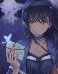 1girl absurdres black_camisole black_choker black_hair black_hairband blue_butterfly blue_capelet blush bone_hair_ornament bug butterfly camisole capelet chinese_commentary choker closed_mouth commentary eyelashes fingernails floating_hair frilled_camisole frilled_capelet frilled_choker frills glowing_butterfly hair_between_eyes hair_ornament hairband hand_up highres holding holding_letter insect jiawenqing kushima_kamome letter lips long_hair night outdoors skull_and_crossbones skull_hair_ornament smile solo straight_hair summer_pockets traditional_media upper_body wind yellow_eyes