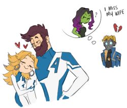 2boys 2girls absurdres animification black_hair brown_hair closed_eyes closed_mouth colored_skin facial_hair fantastic_four gamora green_skin guardians_of_the_galaxy highres long_hair marvel marvel_cinematic_universe marvel_rivals mask multicolored_hair multiple_boys multiple_girls peter_quill reed_richards short_hair smile soapallo sue_storm superhero_costume two-tone_bodysuit