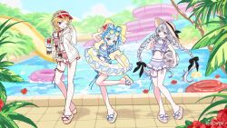 3girls :d ;d amaharu_wasure bikini blonde_hair blue_bikini blue_eyes blue_hair blue_sky blurry blurry_background bow braid breasts choker cloud colored_tips commentary_request company_name copyright_notice day english_text flower food foot_out_of_frame frilled_bikini frills fruit full_body grey_hair hair_bow hat heart heart-shaped_eyewear highleg highleg_bikini highres holding holding_food holding_fruit holding_popsicle holding_swim_ring holding_watermelon holoh3roes hololive hololive_indonesia holonatsu_paradise inflatable_armbands innertube jacket kaela_kovalskia kaela_kovalskia_(holonatsu_paradise) kobo_kanaeru kobo_kanaeru_(holonatsu_paradise) large_bow leg_ribbon long_hair looking_at_viewer low_twin_braids medium_breasts multicolored_hair multiple_girls navel off-shoulder_bikini off_shoulder official_alternate_costume official_alternate_hairstyle official_art one_eye_closed open_mouth outdoors platform_sandals popsicle purple_bikini red_bikini red_eyes red_flower ribbon ribbon_choker sandals short_hair side_braid sky small_breasts smile stomach straw_hat sun_hat sunglasses swim_ring swimsuit thigh_ribbon tinted_eyewear twin_braids two-tone_hair very_long_hair vestia_zeta vestia_zeta_(holonatsu_paradise) virtual_youtuber visor_cap watermelon waterpark wavy_hair white_hair white_jacket yellow-tinted_eyewear