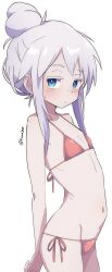1girl artist_name bikini blue_eyes blush deux_murasame expressionless flat_chest grey_hair gundam gundam_gquuuuuux highres kumasun looking_at_viewer navel side-tie_bikini_bottom simple_background solo swimsuit twitter_username updo white_background