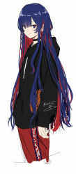 1girl alternate_costume arms_at_sides black_choker black_hoodie blue_eyes blue_hair choker closed_mouth colored_inner_hair cropped_legs from_side hair_down highres hood hood_down hoodie isshiki_(ffmania7) kamitsubaki_studio long_hair long_sleeves looking_at_viewer looking_to_the_side multicolored_eyes multicolored_hair pants red_eyes red_hair red_pants rim_(kamitsubaki_studio) signature simple_background smile solo standing virtual_youtuber white_background