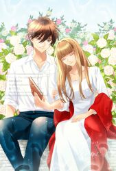 Rule 34 | 1boy, 1girl, armband, ashb khaos, blanket, blonde hair, blunt bangs, book, brown hair, buttons, closed eyes, collar, couple, covering with blanket, denim, dress, facing to the side, floral background, flower, garden, grabbing another&#039;s arm, gundam, gundam wing, gundam wing: endless waltz, gundam wing frozen teardrop, heero yuy, highres, holding, holding armband, holding book, holding unworn clothes, jeans, leaning on person, leaning to the side, long dress, long hair, long sleeves, looking at another, mature female, mature male, pants, parted bangs, red scarf, relena peacecraft, rose, scarf, short hair, sitting, unworn armband, very short hair, white dress