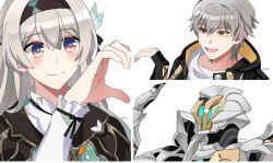 Rule 34 | 1boy, 1girl, armor, black gloves, black hairband, black jacket, black ribbon, blush, caelus (honkai: star rail), closed mouth, collared shirt, finger heart, fingerless gloves, firefly (honkai: star rail), gloves, glowing headgear, gradient eyes, gradient hair, green pupils, grey armor, grey hair, hair between eyes, hair intakes, hair ornament, hair ribbon, hairband, honkai: star rail, honkai (series), hyohls2 (hamao3o), jacket, long hair, multicolored eyes, multicolored hair, neckerchief, open clothes, open jacket, open mouth, orange neckerchief, power armor, ribbon, sam (honkai: star rail), shirt, simple background, sleeve ribbon, smile, trailblazer (honkai: star rail), twitter username, white background, white shirt, yellow eyes