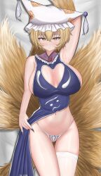 1girl areola_slip arm_up armpit_crease bed blonde_hair blue_nails breasts cleavage_cutout clothes_lift clothing_cutout dress dress_lift facing_viewer fox_girl fox_tail g-string hat large_breasts looking_at_viewer lying mob_cap nail_polish navel on_back panties single_thighhigh smile solo tail thigh_gap thighhighs thong touhou underwear yakumo_ran yellow_eyes