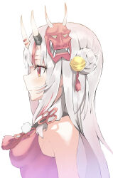 1girl absurdres bell blush closed_mouth commentary_request from_side grey_hair hair_bell hair_ornament highres hololive horns long_hair looking_to_the_side mask mask_on_head momomo9639 nakiri_ayame oni_mask profile red_eyes shirt simple_background skin-covered_horns sleeveless sleeveless_shirt smile solo tassel tassel_hair_ornament upper_body virtual_youtuber white_background