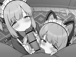 1boy 2girls animal_ear_headphones animal_ears animated apron bar_censor blue_archive blush cat_ear_headphones censored closed_eyes clothed_female_nude_male erection facing_viewer fake_animal_ears fellatio greyscale hair_between_eyes half-closed_eyes halo headphones indoors kanbe_nagi kneeling licking_testicle loli looking_at_viewer maid_headdress midori_(blue_archive) momoi_(blue_archive) monochrome multiple_girls nude oral penis pov pov_crotch rug short_twintails siblings sisters sweatdrop tagme teamwork_(sexual) testicle_sucking testicles tongue tongue_out twins twintails video