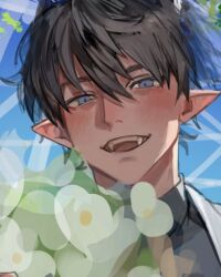 1boy black_hair black_shirt blue_eyes blush fangs hair_between_eyes jacket looking_at_viewer male_focus ne2_(renznyanya) nijisanji nijisanji_en open_mouth pointy_ears ren_zotto shirt short_hair smile solo teeth upper_body upper_teeth_only virtual_youtuber white_jacket