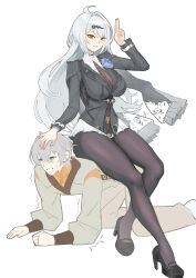 1boy 1girl absurdres black_pantyhose green_eyes grey_hair highres official_alternate_costume pantyhose see-through_cleavage see-through_clothes sitting tattered_helmet_(polan_kui) thick_thighs thighs wise_(soaring_crane)_(zenless_zone_zero) wise_(zenless_zone_zero) yellow_eyes yixuan_(trails_of_ink)_(zenless_zone_zero) yixuan_(zenless_zone_zero) zenless_zone_zero