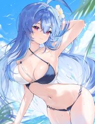 1girl absurdres arm_behind_head arm_up azur_lane beach bikini blue_hair blush breasts cleavage day flower gurami_(zangizarang) hair_between_eyes hair_flower hair_ornament helena_(azur_lane) helena_(shimmering_triangle_wave)_(azur_lane) highres leaning_to_the_side long_hair looking_at_viewer medium_breasts multicolored_bikini navel ocean outdoors purple_eyes smile solo stomach swimsuit two-tone_bikini very_long_hair white_flower