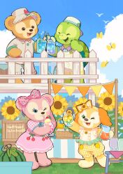 2boys 2girls bear_boy bird bug butterfly cloud commentary_request cookieann dog_girl duffy_and_friends duffy_the_disney_bear flower happy highres insect multiple_boys multiple_girls olu_mel personification shelliemay sky smile stuffed_animal stuffed_toy sunflower takatmaorange turtle turtle_boy