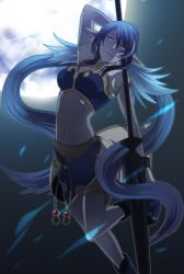 1girl arm_up bad_id bad_pixiv_id blue_hair breasts closed_mouth elf female_focus full_moon grey_background judith_(tales) lance leg_up long_hair long_pointy_ears low_twintails medium_breasts midriff moon navel night outdoors outstretched_arm pointy_ears polearm purple_eyes revision setsu solo tales_of_(series) tales_of_vesperia twintails very_long_hair weapon