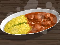 bowl char-siu curry food food_focus fried_rice highres hisachan55cute on_table original pixel_art simple_background spring_onion steaming_food still_life table wooden_table