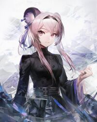 1girl animal_ears arknights belt belt_buckle black_belt black_hairband black_shirt black_skirt breasts buckle closed_mouth crossed_bangs hair_ornament hair_over_shoulder hairband highres jewelry lin_(arknights) long_sleeves looking_at_viewer medium_breasts mouse_ears pink_eyes pink_hair ring shirt short_hair_with_long_locks sidelocks skirt solo standing turtleneck twintails upper_body white_background yyb