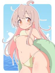 1girl ahoge bare_shoulders bikini breasts brown_eyes commentary cowboy_shot day genderswap genderswap_(mtf) groin highres innertube light_blush long_hair looking_at_viewer messy_hair navel onii-chan_wa_oshimai! outdoors outline oyama_mahiro pink_hair small_breasts smile solo swim_ring swimsuit unkimo water white_outline yellow_bikini