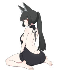 1girl absurdres alternate_costume animal_ears anime_coloring arutemisu180 ass bare_back bare_shoulders barefoot black_hair breasts bright_pupils butt_crack commentary english_commentary feet full_body highres hoshimi_miyabi long_hair looking_at_viewer median_furrow medium_breasts meme_attire parted_lips ponytail red_eyes simple_background sitting soles solo toes virgin_killer_sweater wariza white_background white_pupils zenless_zone_zero