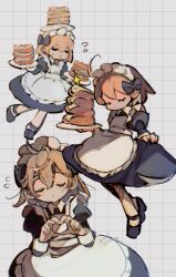 1other 2025 :o ahoge alternate_costume annoying_dog apron black_bow black_dress black_shoes blush bow buttons chromatic_aberration closed_eyes collared_dress double-parted_bangs dress enmaided facing_viewer film_grain flying_sweatdrops frilled_apron frills frisk_(undertale) full_body grey_background grid_background hair_between_eyes headdress heart heart_hands highres holding holding_plate hot_dog juliet_sleeves long_sleeves maid maid_apron maid_headdress mary_janes medium_dress multiple_views noppo_(nopon) other_focus parted_lips plate plate_on_head puffy_sleeves shoes short_hair simple_background skirt_hold standing standing_on_one_leg twitter_username u_u undertale upper_body white_apron white_headdress