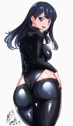 1girl absurdres alternate_costume ass black_leotard black_pants blue_eyes blush breasts commentary_request earrings from_behind gridman_universe highres jewelry large_breasts latex latex_leotard latex_pants leotard long_hair looking_at_viewer looking_back lowleg lowleg_pants open_mouth pants pants_under_leotard revision simple_background smile solo takarada_rikka white_background yoo_tenchi