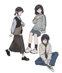 Rule 34 | 1girl, black hair, black shirt, black shoes, black socks, black sweater vest, blue eyes, blue pants, blue shorts, earrings, grey sweater, highres, invisible chair, jacket, jewelry, komerice lo, miyagi shiori, multiple views, pants, plaid clothes, plaid jacket, shirt, shoes, short hair, shorts, shuuniichido classmate wo kau hanashi, simple background, sitting, socks, sweater, sweater vest, white background, white shoes, white socks