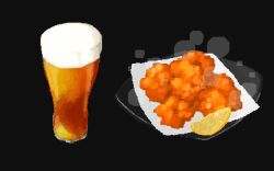 Rule 34 | alcohol, beer, beer mug, black background, chicken (food), cup, foam, food, fried chicken, fruit, glass, highres, hisachan55cute, lemon, lemon slice, mug, no humans, original, pixel art, plate, scenery, simple background, steaming food