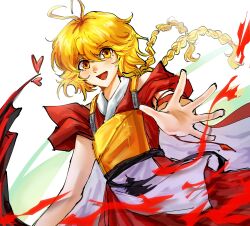 1other absurdres androgynous antenna_hair bare_shoulders blonde_hair bow_(weapon) braid cape chest_guard cowboy_shot dress heart highres len&#039;en messy_hair ooama_no_ake_no_mitori open_hand otogisum3 red_cape red_dress smile solo twin_braids weapon yellow_eyes