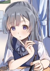 1girl 200zk3 :o blue_dress blue_eyes blue_ribbon blunt_bangs book curtains desk dress dress_shirt eyelashes grey_hair highres holding holding_pen idolmaster idolmaster_shiny_colors long_hair looking_at_viewer neck_ribbon notebook open_book pen pinafore_dress poster_(object) ribbon school_desk school_uniform shirt short_sleeves signature sleeveless sleeveless_dress solo twitter_username white_shirt window wing_collar yukoku_kiriko