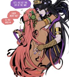 2girls ancient_greek_clothes aphrodite_(hades) arm_around_neck armlet artist_name black_hair colored_skin commentary completely_nude dark-skinned_female dark_skin earrings english_commentary english_text flower forehead_jewel gold_armlet grace_kim_(ryuuna) greco-roman_clothes hades_(series) hair_flower hair_ornament hand_on_another&#039;s_chin highres jewelry long_hair mature_female multiple_girls nude nyx_(hades) pink_eyes pink_hair purple_lips purple_skin simple_background very_long_hair white_background yellow_eyes yuri