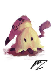 absurdres black_eyes cleaning_rag commentary creatures_(company) disguise full_body game_freak gen_7_pokemon highres looking_at_viewer mimikyu nintendo no_humans pokemon pokemon_(creature) pokemon_focus solo standing vale_&amp;_tine white_background