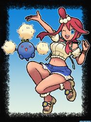Rule 34 | 1girl, ;d, absurdres, artist name, blue eyes, blue shorts, commentary, crop top, english commentary, full body, gen 2 pokemon, highres, jumpluff, midriff, navel, nintendo, official alternate costume, one eye closed, open mouth, pokemon, pokemon (creature), pokemon masters ex, poltartgeist, red hair, short hair with long locks, short shorts, shorts, sidelocks, skyla (pokemon), skyla (summer 2025) (pokemon), smile, teeth, upper teeth only