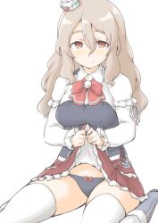 1girl akara_kai black_panties bodice boots bow bowtie breasts brown_eyes clothes_lift corset dated grey_hair hair_between_eyes hat highres kantai_collection large_breasts lifting_own_clothes long_hair long_sleeves looking_at_viewer mini_hat one-hour_drawing_challenge panties pola_(kancolle) red_bow red_bowtie sanpaku shirt simple_background sitting skirt skirt_lift small_sweatdrop smile solo thick_eyebrows thighhighs tilted_headwear underwear upturned_eyes wariza wavy_hair white_background white_shirt white_thighhighs