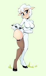 1girl absurdres animal_ears ass black_eyes blush copyright_request fingernails furry furry_female herny highres hooves sheep_ears sheep_girl short_hair simple_background smile thighhighs