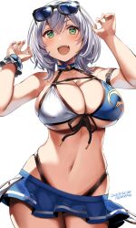 1girl 2023 artist_name bare_shoulders belko blue_skirt blush breasts cleavage dated female_focus green_eyes highres hololive large_breasts looking_at_viewer navel open_mouth shirogane_noel short_hair skirt solo teeth tongue upper_teeth_only virtual_youtuber white_background white_hair