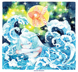 1girl blue_hair blue_sky border breaking_wave closed_eyes closed_mouth commentary crossed_arms dot_nose english_commentary fins fish full_moon goldfish head_on_arm ink_(medium) liquid_hair lying maruti_bitamin moon night night_sky ocean orange_scales original painting_(medium) partially_submerged sky sleeping solo star_(sky) star_(symbol) star_print traditional_media water watercolor_(medium) waves white_border white_eyes yellow_sky