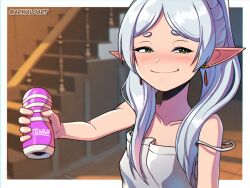 1girl artificial_vagina arwald blush brand_name_imitation closed_mouth collarbone commentary dildo dress earrings elf english_commentary floating_earrings frieren green_eyes holding holding_sex_toy jewelry long_hair looking_at_viewer meme pointy_ears sex_toy short_eyebrows simple_background single_bare_shoulder smile smug solo sousou_no_frieren strap_slip tenga twintails upper_body white_background white_dress white_hair you_can_just_give_this_kind_of_thing_to_men_and_they_will_be_thrilled_(meme)