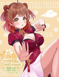 1girl :o ahoge bare_legs blush braid braided_bangs breasts brown_hair chinese_clothes cleavage cleavage_cutout clothing_cutout commentary_request double_bun fighting_stance gakuen_idolmaster gradient_hair hair_bun hanami_ume highres idolmaster large_breasts looking_at_viewer medium_hair multicolored_hair orange_hair outline pien. pink_hair pink_skirt red_shirt shirt short_sleeves skirt solo standing standing_on_one_leg v-shaped_eyebrows watermark white_outline yellow_eyes