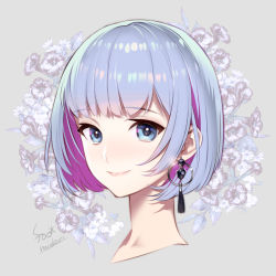 1girl blue_eyes blue_hair earrings flower head jewelry neck onyx short_hair smile solo