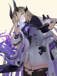 1girl absurdres arknights armband black_horns black_tail chinese_commentary commentary_request dragon_girl dragon_horns dragon_tail fiery_tail fire flame-tipped_tail hair_over_one_eye highres horns multiple_horns necrass_(arknights) partial_commentary purple_armband purple_fire solo tail thighhighs torn_clothes torn_thighhighs xuxinqi