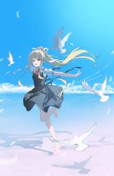 Rule 34 | 1girl, :d, absurdres, air (visual novel), ascot, barefoot, bird, black dress, blonde hair, blue eyes, blue sky, collared shirt, commentary, contrail, cross, cross print, day, dress, drop shadow, floating clothes, floating hair, hair ribbon, happy, highres, kamio misuzu, long hair, long sidelocks, looking ahead, ocean, open mouth, outdoors, outstretched arms, outstretched hand, ponytail, puffy short sleeves, puffy sleeves, red ascot, ribbon, running, school uniform, shirt, short sleeves, sidelighting, sidelocks, sky, sleeveless, sleeveless dress, smile, solo, standing, standing on one leg, user p18459972, very long hair, white bird, white ribbon, white shirt